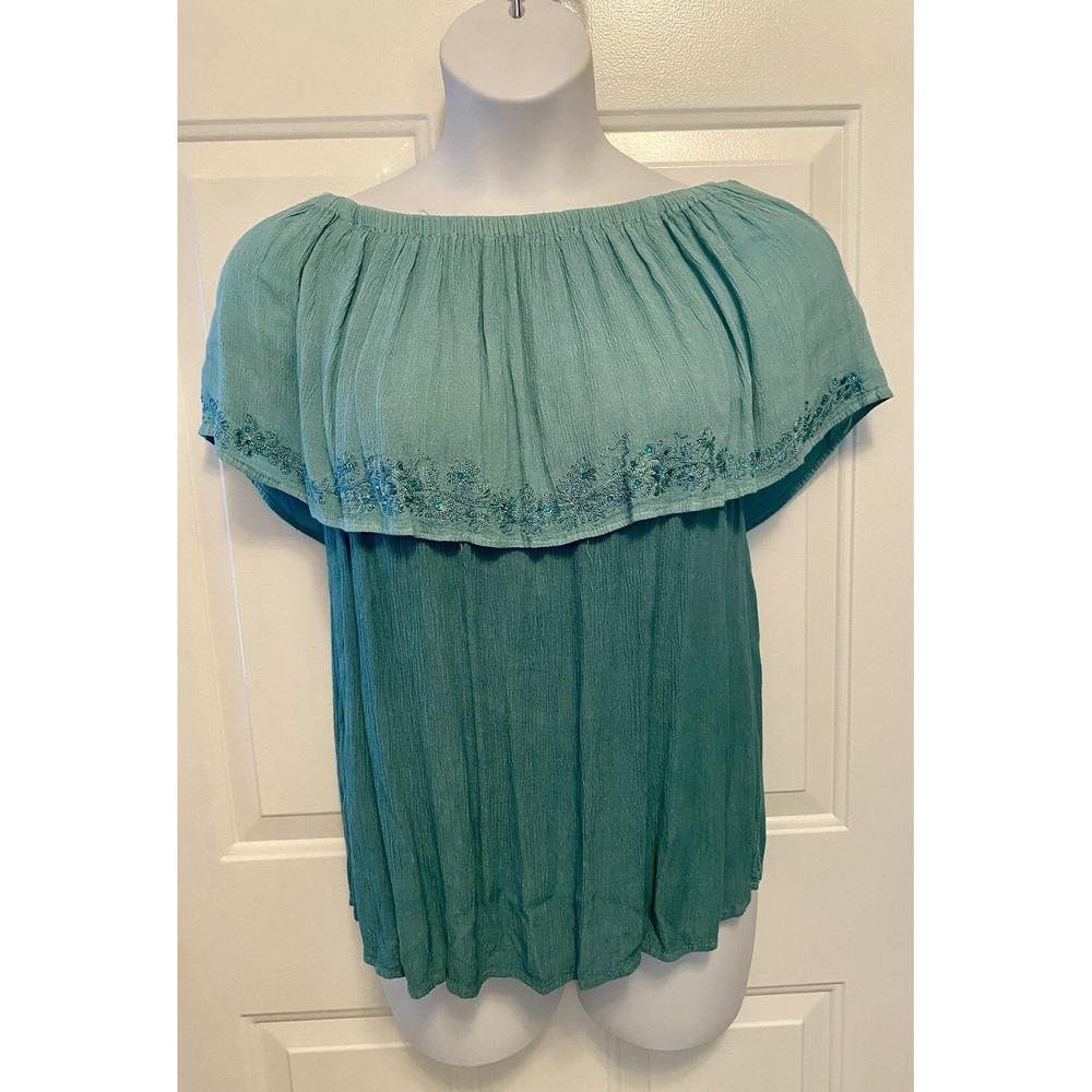RAYA SUN Women's Large Blue Green Ombré Embroidered Beaded Peasant Shirt Top